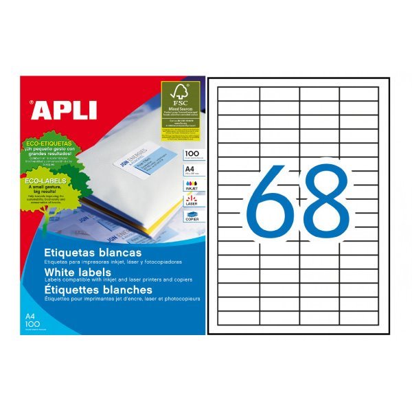 Etiquetas permanentes Apli 48.5 x 16.9 mm (100 folhas / 68 por folha)