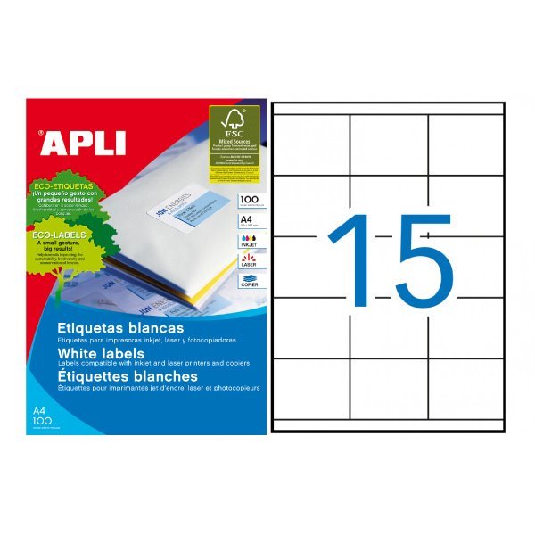 Etiquetas permanentes Apli 70 x 50.8 mm (100 folhas / 15 por folha)