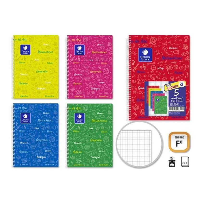 Pack 5 cadernos Quadriculados Golden - Espiral / 80 folhas / capa flexível / cores sortidas