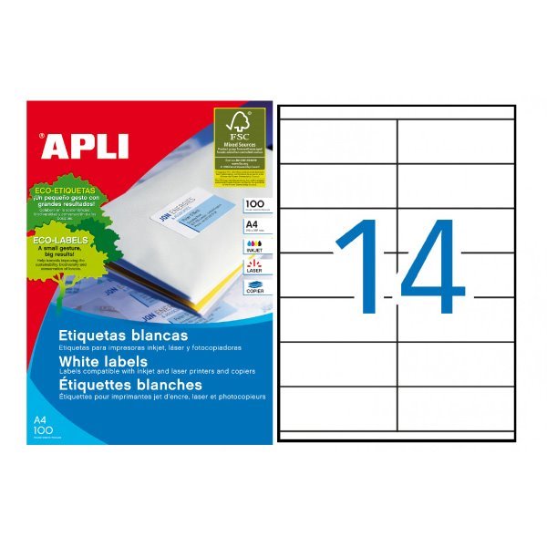 Etiquetas permanentes Apli 105 x 40 mm (100 folhas / 14 por folha)