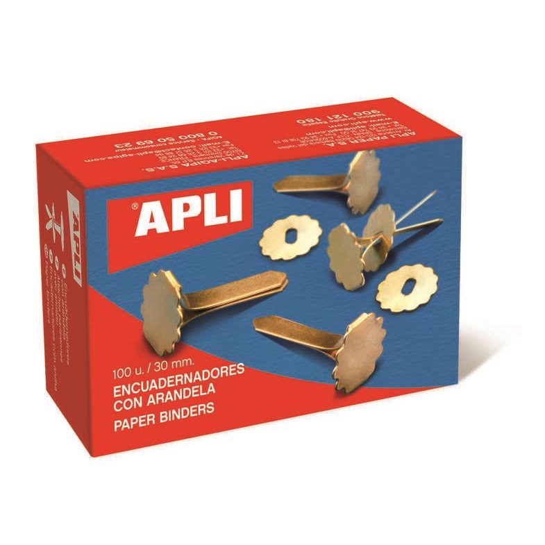 Pack 100 encadernadores metálicos Apli - 18mm / com anilha / dourado