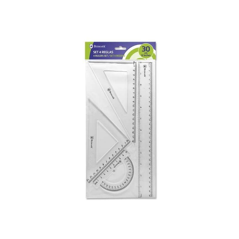 Conjunto de Réguas Escolares Bismark - Régua de 30 cm / Esquadro de 12,5 cm / Esquadro de 17,5 cm / Transferidor de 10 cm