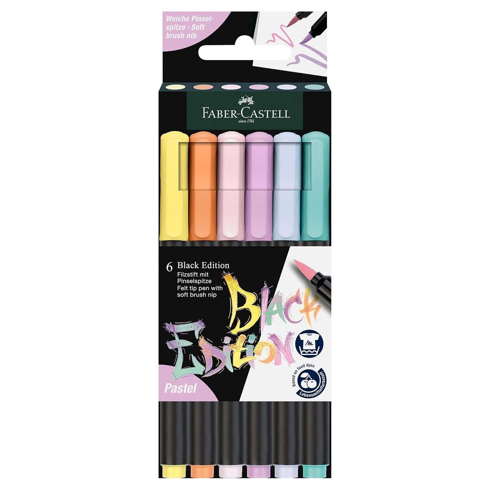 Pack 6 Canetas de feltro Faber-Castell Black Edition - tinta à base de corantes alimentares
