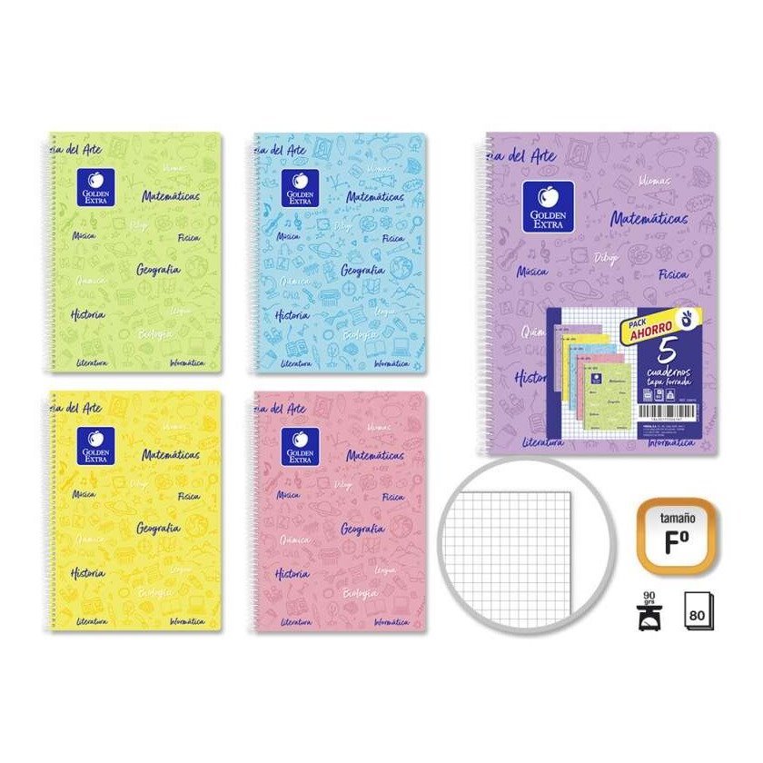Pack 5 cadernos quadriculados Golden - Espiral / 80 folhas / capa flexível / cores pastel sortidas