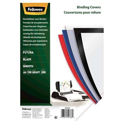 Pack de 100 capas de encadernação Fellowes – polipropileno / A4 / 280 mícrons / muito resistentes / preto