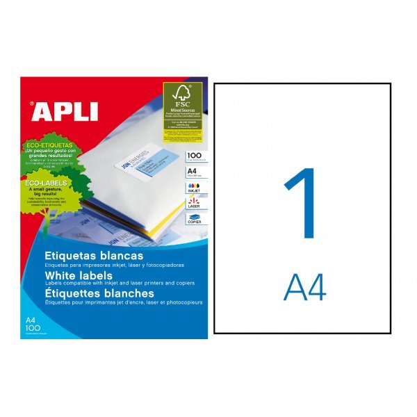 Etiquetas permanentes Apli 210 x 297 mm (100 folhas / 1 por folha)