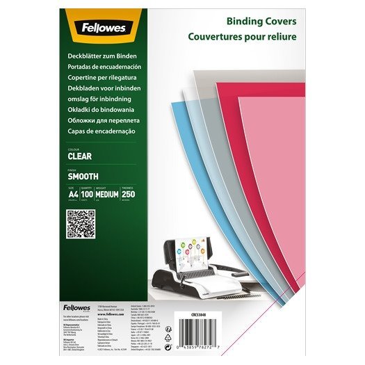 Pack de 100 capas de encadernação Fellowes – polietileno transparente / A4 / 250 mícrons / espiral ou canutilho