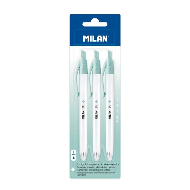 Pack 3 Esferográficas Retráteis Milan P1+ - 1 mm / Tinta Azul / Corpo Branco