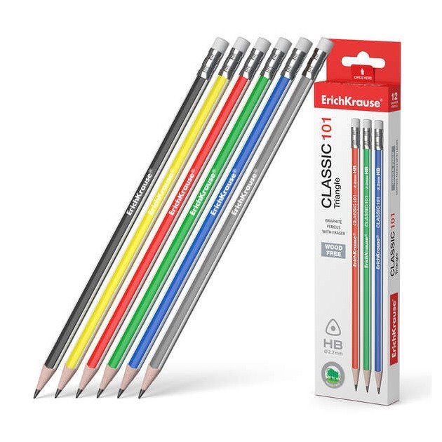 Pack 12 lápis com borracha Erichkrause Classic 101 - triangular / HB / cores sortidas