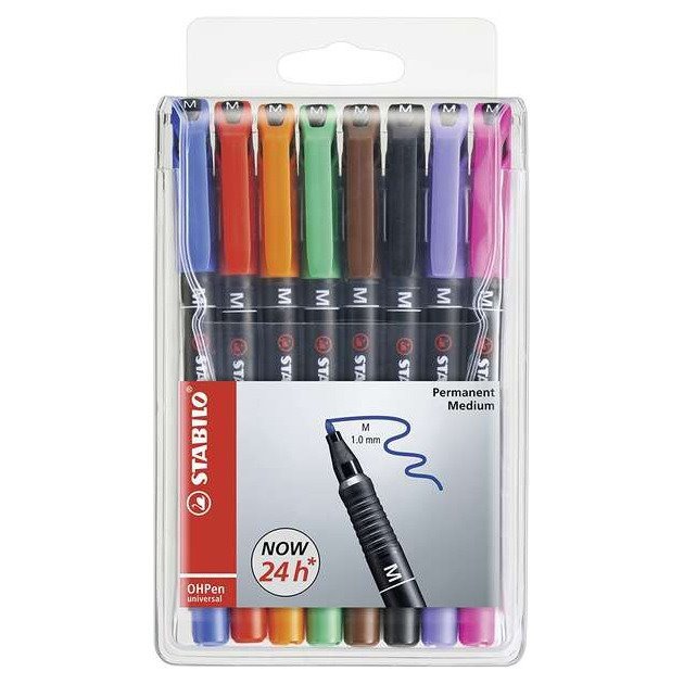 Pack 8 marcadores permanentes Stabilo OHPen - traço de 1mm / cores sortidas