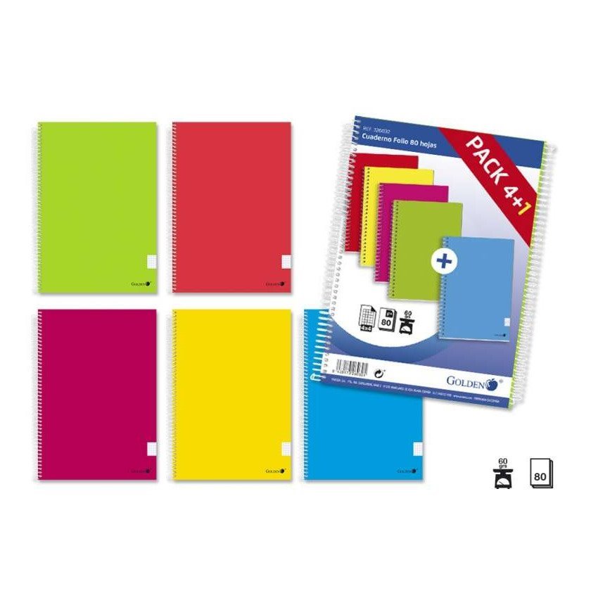 Pack 5 Cadernos quadriculados Golden - Espiral / 80 folhas / cores sortidas