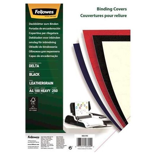 Pack de 100 capas de encadernação Fellowes – cartão simil pele delta couro / A4 / 250 g / preto