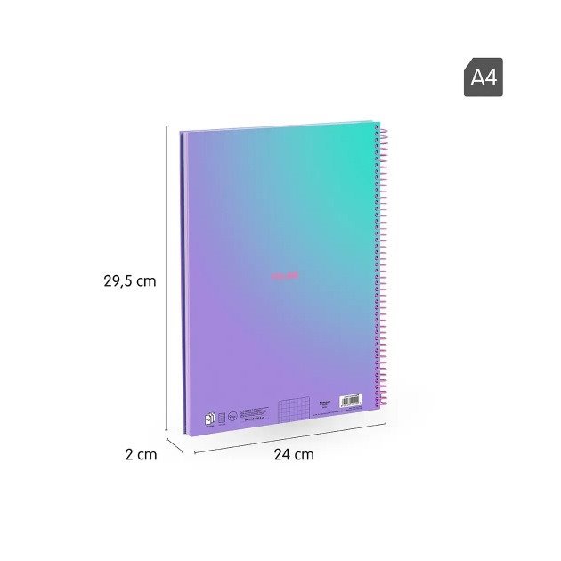Caderno quadriculado Milan Sunset - Espiral / A4 / 90 folhas / Violeta e Turquesa