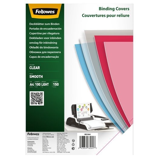 Pack de 100 capas de encadernação Fellowes – polietileno transparente / A4 / 150 mícrons / espiral ou canutilho