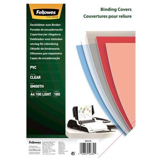 Pack de 100 capas de encadernação Fellowes – PVC / A4 / 180 mícrons / transparentes
