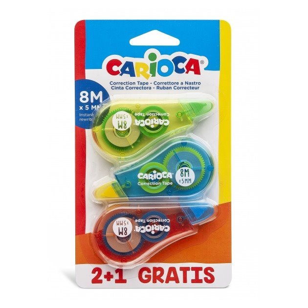 Pack 2+1 fitas corretoras Carioca 8mx5mm